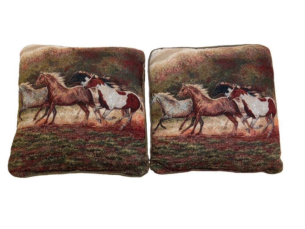 2 VTG C. Cummings Tapestry Horse Mustang Rustic Western Country Throw Pillows